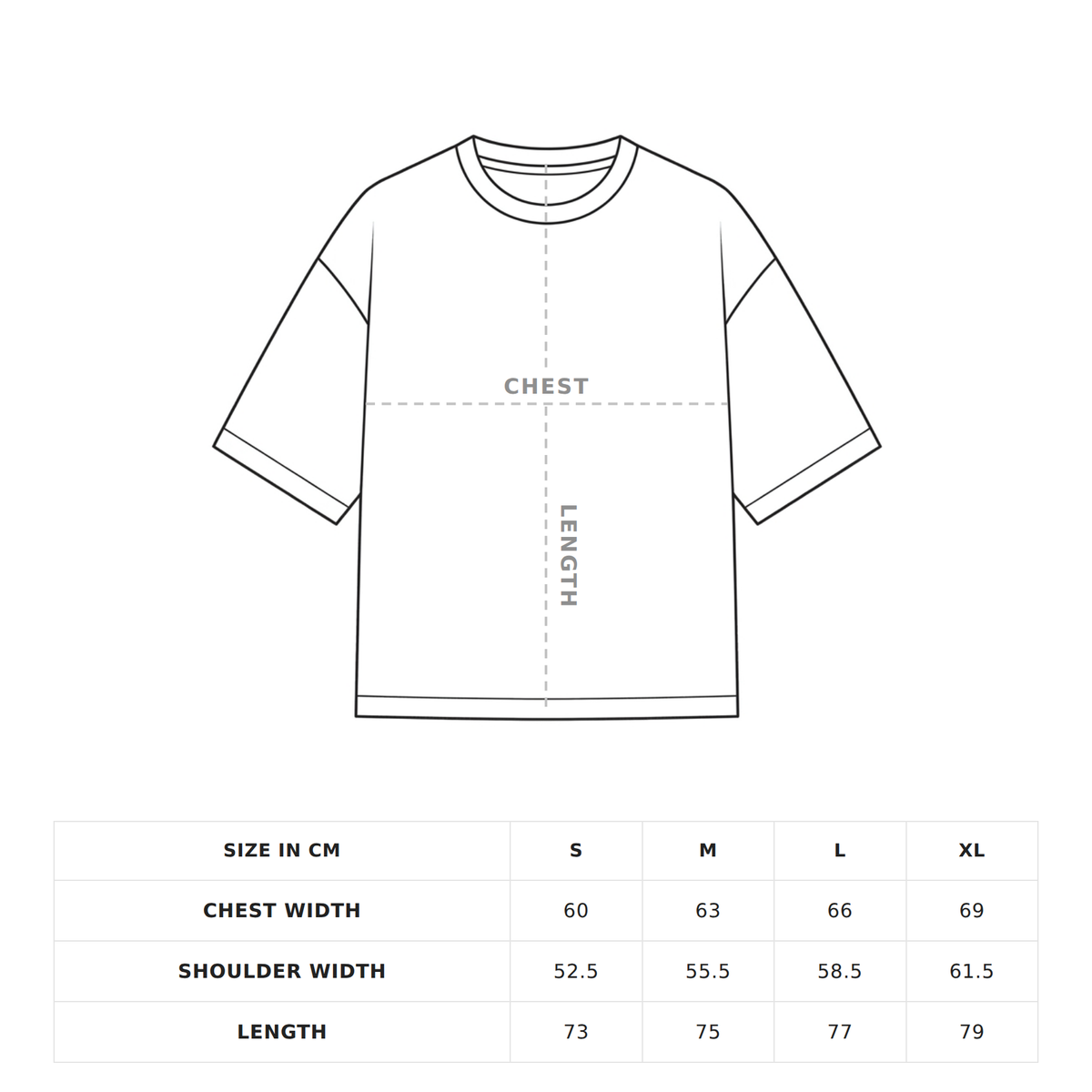 Garment diagram showing where chest and length are measured