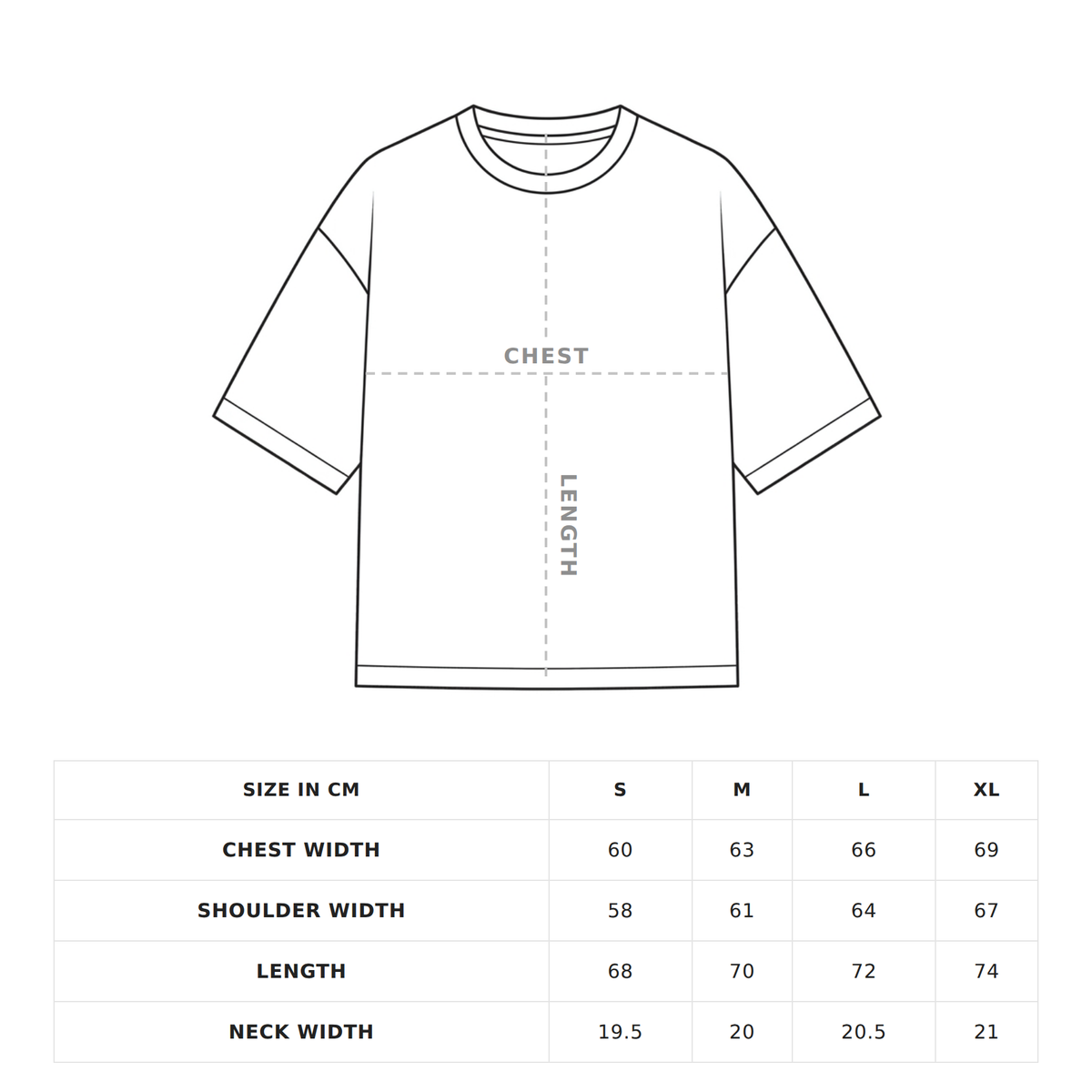 Garment diagram showing where chest and length are measured