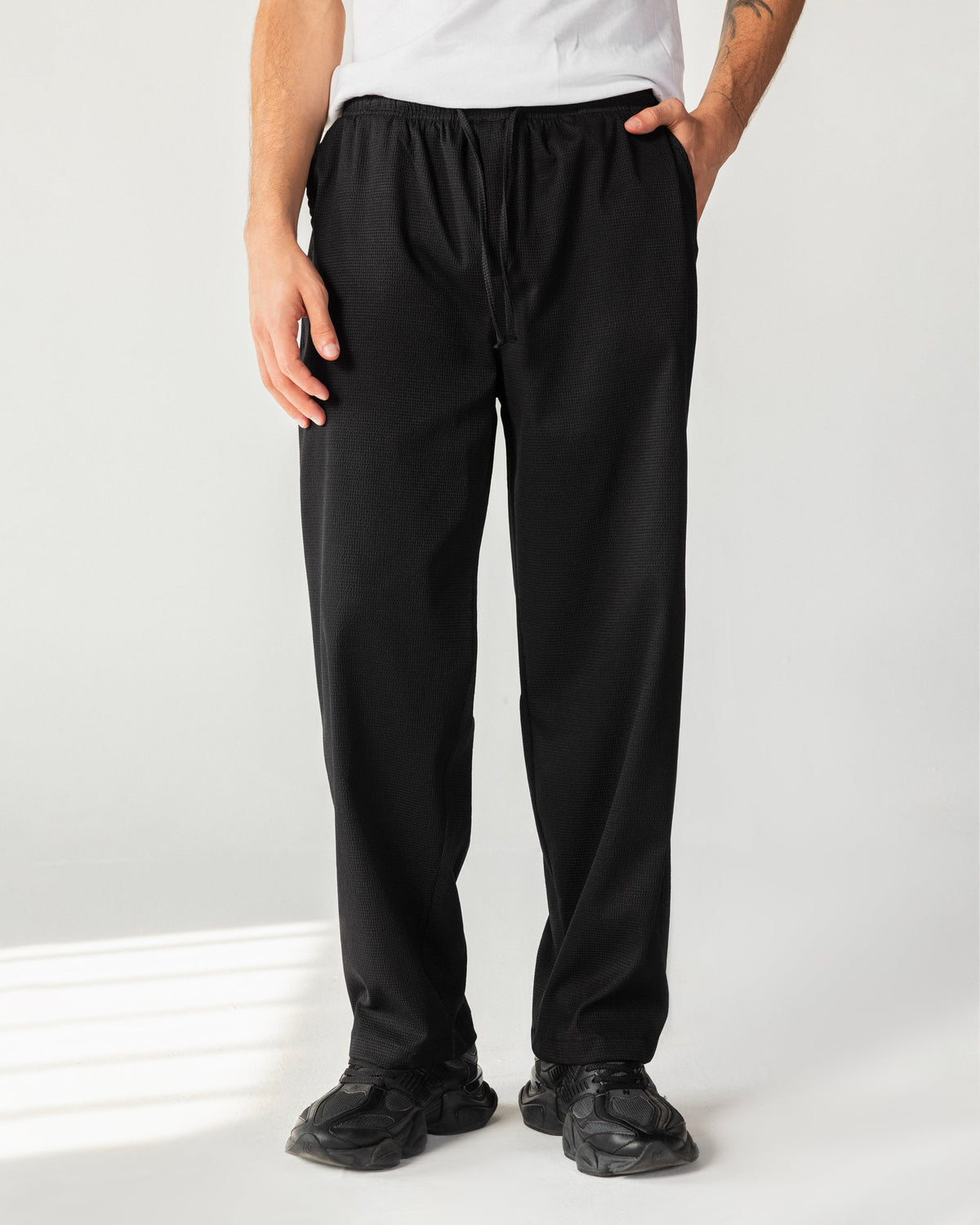 Textured Wide Leg Pants – Black – Anti Basic streetwear Egypt (photo 2)