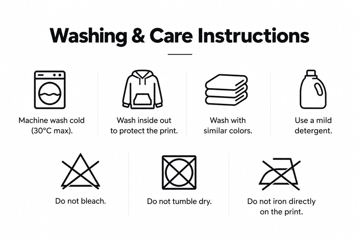 Washing and care instructions: machine wash cold (30°C max), wash inside out, wash with similar colors, use a mild detergent, do not bleach, do not tumble dry, do not iron directly on the print.