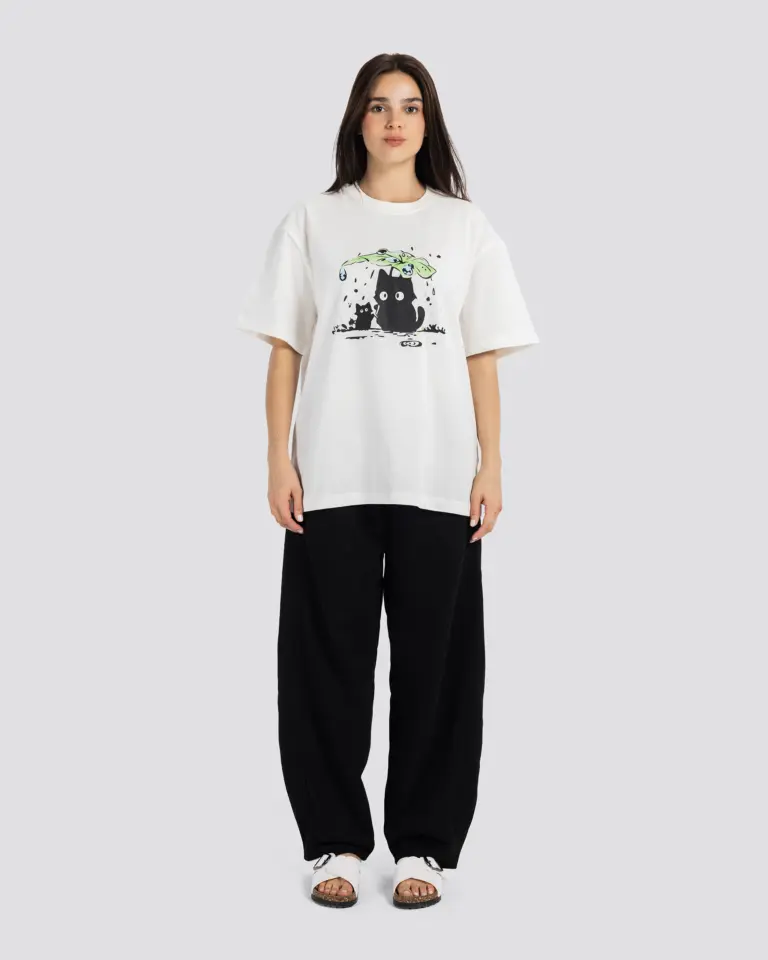 Cat Print Oversize T-Shirt – White – Anti Basic streetwear Egypt