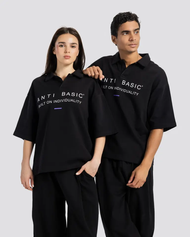 Printed Short-Sleeve Polo Shirt – Black – Anti Basic streetwear Egypt